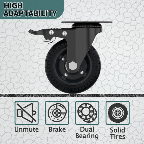 Rock Solid 4 Inch Premium Plate Caster Wheels Swivel With Brake Heavy Duty Rolling Cart Caster showing solid rubber tire and brake feature.