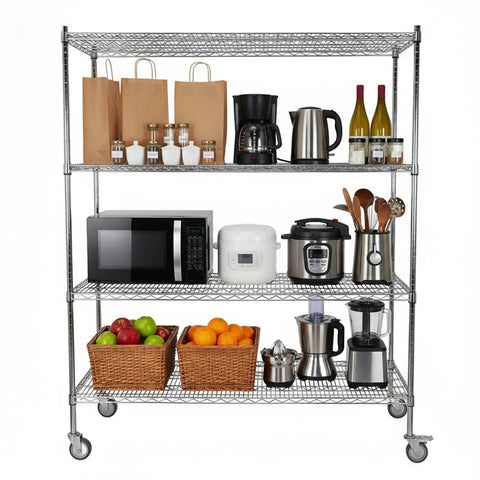Heavy-Duty 5 Tier Rolling Metal Shelving Unit With Pneumatic Wheels, Adjustable Industrial Wire Storage Rack For Garage Warehouse No Tools Required with kitchen items.