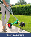 Adjustable String Trimmer Support Wheel Attachment For 26mm And 28mm Poles in use, ergonomic pulley roller on lush grass.