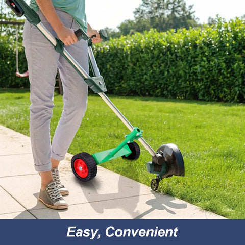 Adjustable String Trimmer Support Wheel Attachment For 26mm And 28mm Poles in use, ergonomic pulley roller on lush grass.