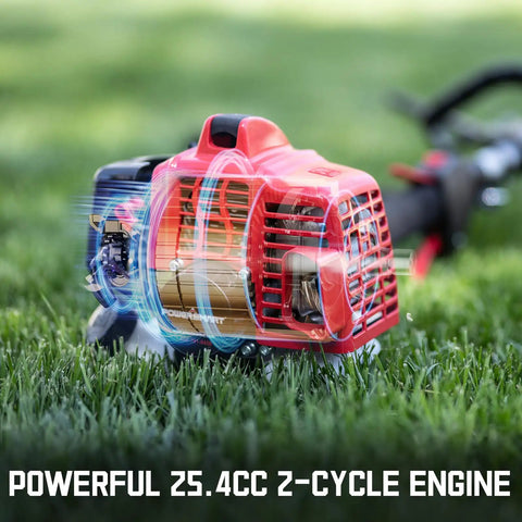 Gas Powered Weed Wacker 25.4cc 2 Cycle String Trimmer And Edger engine close-up on grass