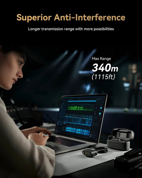 Person using Lark Max 2 Wireless Microphone System For iPhone And Cameras With AI Noise Cancel 32Bit Full Chain Audio at desk