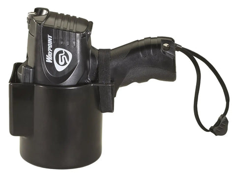 Waypoint 550 Lumen LED Pistol Grip Spotlight with 12V DC Power Cord in black housing, side view showing grip and strap, three mode switch visible.