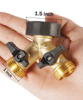 Heavy Duty Brass Garden Hose Splitter 2 Way Y Valve With Easy Grip Handle And Independent Shutoffs Lets You Run Dual Hoses From One Spigot Outdoor Faucet Splitter With Rubber Washers For Leak Free Watering. 1.5 inch brass splitter in hand