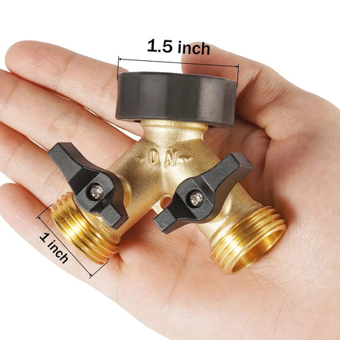 Heavy Duty Brass Garden Hose Splitter 2 Way Y Valve With Easy Grip Handle And Independent Shutoffs Lets You Run Dual Hoses From One Spigot Outdoor Faucet Splitter With Rubber Washers For Leak Free Watering. 1.5 inch brass splitter in hand