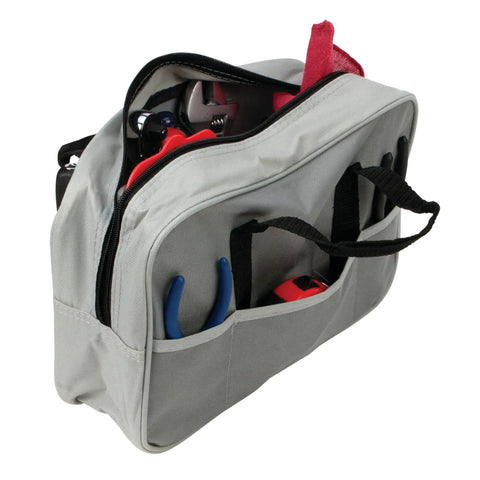 13 Inch Tool Bag Built From Tough Nylon For Pro Grade Storage Of Wrenches Screwdrivers And More, tools visible in pockets