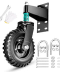 Heavy Duty Eight Inch Spring Loaded Gate Wheel Caster Built Tough For Wood And Metal Fences Featuring Smooth Rollin Design With Seven Hundred Pound Capacity with mounting bracket and accessories