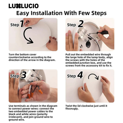 LUXLUCIO Hardwired 9" Round Backlit White Modern Indoor LED Wall Sconce installation steps diagram including wiring connections.