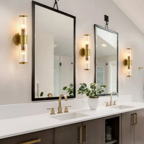 Two Pack Gold Modern Wall Sconces For Bathroom And Vanity Lighting That Gives A Lit Glow Cut Glass Flower Shade E12 Base