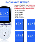 Power Meter Plug For Home Energy Monitoring With Backlit Display Tracks Watts Kilowatt Hours Volts Amps Hertz Power Factor Cost And Time Min Max Power 7 Display Modes Overload Protection bL-0 to bL-4 backlight settings