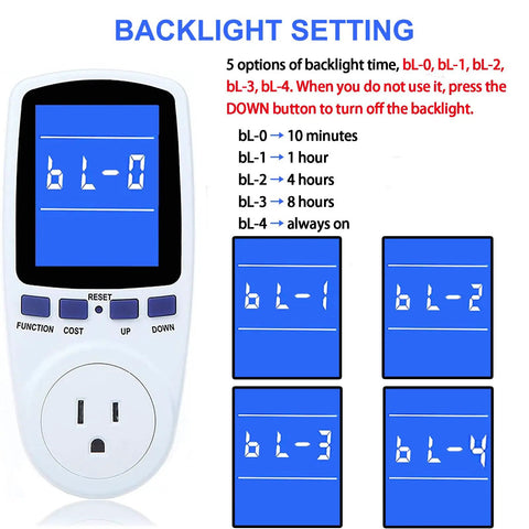 Power Meter Plug For Home Energy Monitoring With Backlit Display Tracks Watts Kilowatt Hours Volts Amps Hertz Power Factor Cost And Time Min Max Power 7 Display Modes Overload Protection bL-0 to bL-4 backlight settings