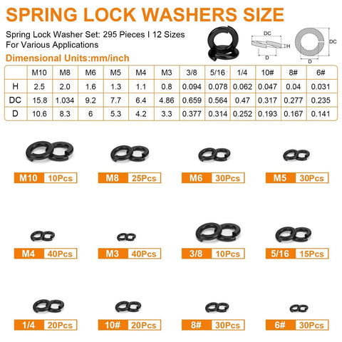 295 Piece Metric And SAE Spring Lock Washer Kit In Stainless Steel 304 Pro Grade Heavy Duty Washers In Sizes M3 To M10 And Six To Ten And Three Eighths Inch For Auto Motorcycle And Machinery Projects, size chart