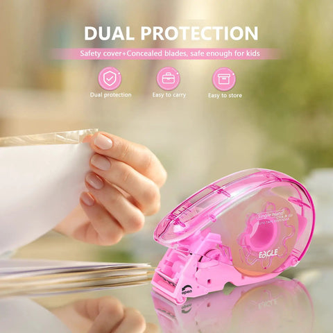 Sleek Pink Automatic Tape Dispenser For Washi And Standard Office Tape Super Handheld Push Cut Mechanism Portable desk organizer with safety cover.