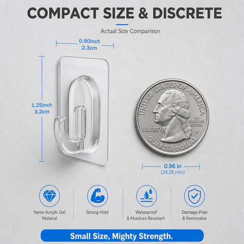 Upgraded Heavy Duty Nano Acrylic Gel Small Clear Adhesive Hooks 36 Pack Damage Free Mini Wall Hangers with quarter for size comparison.
