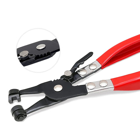 Pro Grade Hose Clamp Pliers With Swivel Flat Band Heavy Duty Repair Tool with red PVC grips and rotatable jaw