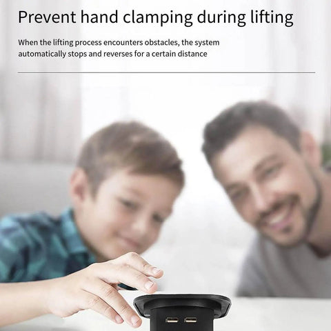 Solid Build Automatic Pop Up Power Strip With Quick Wireless Charging Pad waterproof outlet is used by a child and an adult.