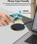 Anti Slip Aircraft Grade Aluminum Wireless Charger Pad With 15W Max Fast Charging for iPhone and Samsung on desk next to laptop
