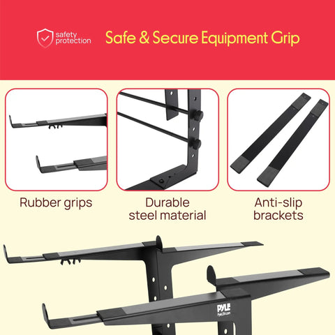 Close-up of Dual Laptop Stand with Adjustable Height, showing anti-slip prongs, rubber grips, and durable steel material for stability.
