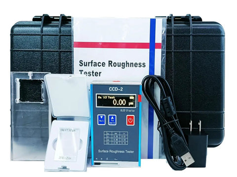 Surface Roughness Tester Profilometer with USB data output and real-time monitor, portable metrology gauge with case and accessories.