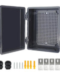 Built Tough IP67 Rugged Waterproof Electrical Junction Box With Heavy Duty Steel Latches All Weatherproof Hinged Black Cover opened, showing interior features.