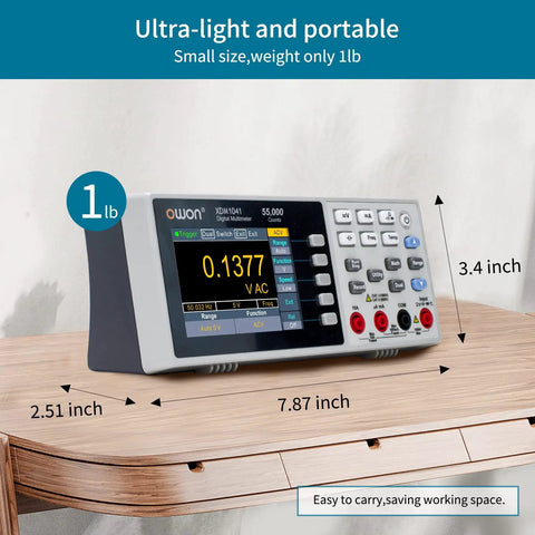 Portable Digital Multimeter With Three Point Five Inch TFT LCD Backlit Screen 55000 Counts True RMS Dual Line Display on desk