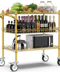 Gold Three Tier Rolling Cart With Wheels, Heavy Duty Utility Bar Cart, NSF Certified Metal Cart With Handle And Shelf Liner, loaded with bottles and kitchen items