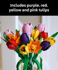 Botanical Tulip Bouquet Building Set for Adults Ages 18 Plus, Mindful Craft Kit for Bedroom, Home Decor, Book Shelf and Office Spaces, Realistic Artificial Flowers, Dope Gift for Birthdays and Garden Lovers with purple, red, yellow and pink tulips