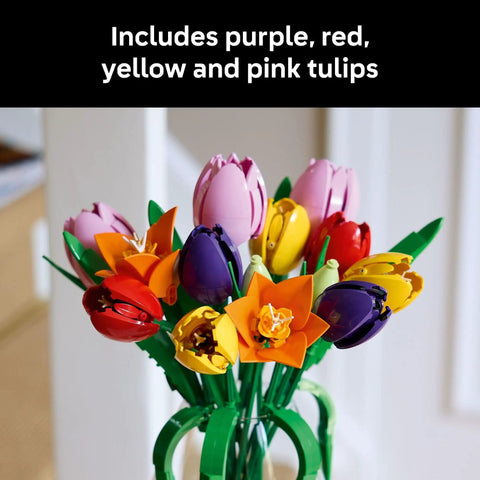 Botanical Tulip Bouquet Building Set for Adults Ages 18 Plus, Mindful Craft Kit for Bedroom, Home Decor, Book Shelf and Office Spaces, Realistic Artificial Flowers, Dope Gift for Birthdays and Garden Lovers with purple, red, yellow and pink tulips