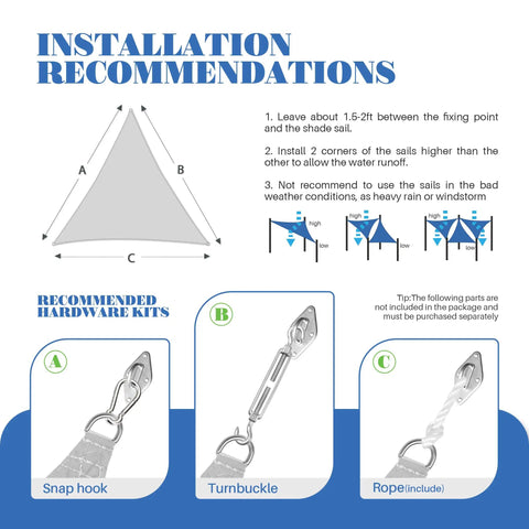 Installation guide for Heavy Duty Waterproof Sun Shade Sail Triangle Canopy 16 By 16 By 16 Feet With UV Protection, showing tools.