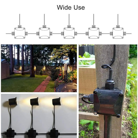 Image showing IP68 Waterproof Junction Box For Outdoor Lighting, 3-Way Cable Connectors mounted near LED lights in outdoor garden scene.