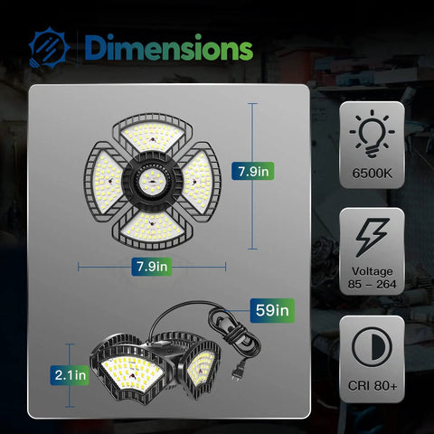 Plug In LED Garage Lights Kit With Four Deformable Panels, 90W 9000 Lumens, Ultra Bright Daylight 6500K, dimensions displayed