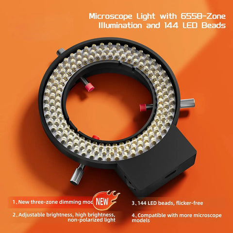 144 LED Ring Light For Microscope And Camera Lens With Four Zone Control Pro Grade Adjustable Brightness Secure Mount And Smooth Even Illumination For Macro Stereo Microscopy And Photography, black ring light with 144 LEDs