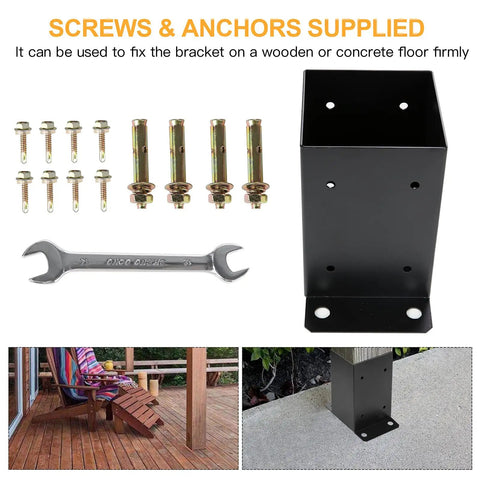 Heavy Duty Black Powder Coated 4 By 4 Post Base Set Of Five For Deck Pavilion Railing Support Bolt Down with tools shown