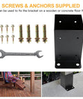 Built Tough 4x4 Deck Post Base Brackets 6 Pack Black Powder Coated Steel with screws and wrench, shown in outdoor setting.