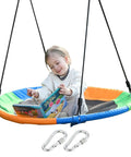 Child sitting on Kids 40 Inch Round Tree Swing Seat Multicolor Saucer Style Outdoor Swing For Backyard Play Heavy Duty Safe Durable
