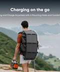 Person hiking with 40W Air Foldable Solar Panel Kit, book-sized PERC bifacial cells, attached to backpack in outdoor setting.
