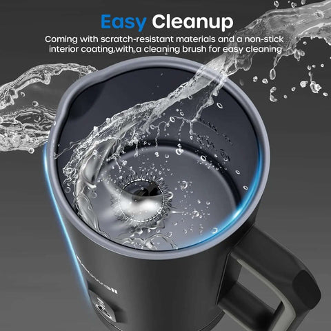 Top view of 4 In 1 Automatic Milk Frother And Steamer showing interior with water spray, highlighting easy cleanup feature.