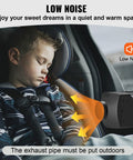 Hefty 8KW Diesel Air Heater 12 Volt Rig Setup With Handy Remote And Lcd Panel Integrated Ultra Quiet Muffler providing warmth to a sleeping child in a vehicle.