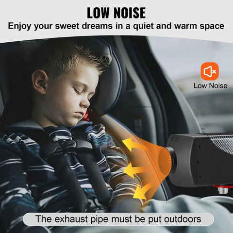 Hefty 8KW Diesel Air Heater 12 Volt Rig Setup With Handy Remote And Lcd Panel Integrated Ultra Quiet Muffler providing warmth to a sleeping child in a vehicle.