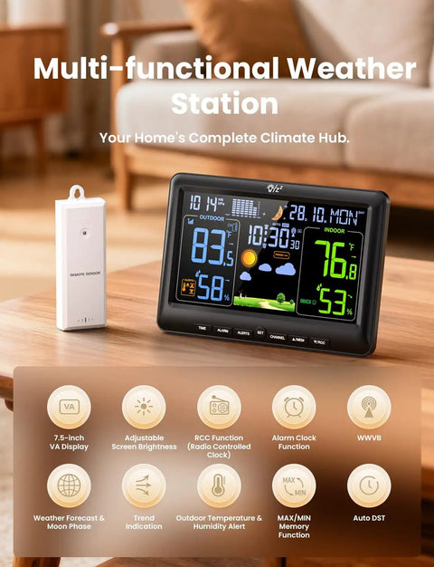 All In One Indoor Outdoor Weather Station With Atomic Clock, Wireless Temperature And Humidity Monitor, Large Display shown on table