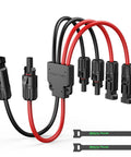 Solar Y Connector 4 To 2 Parallel Adapter For Solar Panels IP68 Waterproof Panel Splitter Cable Extension, black and red cables with ties.
