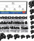 Heavy Duty Black Snap In Cage Nuts M4 Through M12 Carbon Steel Rack Mount Kit 84 Pieces in organized container.