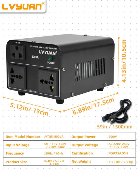 800W Voltage Converter Transformer for Travel and Home Use with 2 US outlets and 2 universal outlets, includes cable