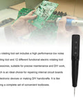 Cordless Rotary Tool Kit With USB Rechargeable Power shown with 12 interchangeable heads and circuit board for DIY repairs.
