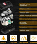 Diagram of Waterproof RC Servo With 35Kg Torque Coreless Motor And Metal Gears, highlighting design features and material.