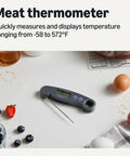 Instant Read Digital Meat Thermometer With Water Resistant Design, Ultra Fast Two To Three Second Readouts, on kitchen counter with eggs and berries.