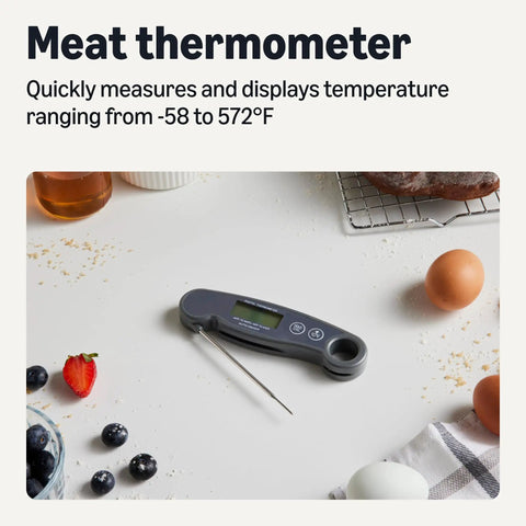 Instant Read Digital Meat Thermometer With Water Resistant Design, Ultra Fast Two To Three Second Readouts, on kitchen counter with eggs and berries.