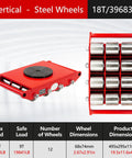 Heavy Duty Machinery Skates Built Tough With Rock Solid Steel Rollers And Smooth Swivel Casters For No Sweat Warehouse Moves, red steel skates, 18 ton capacity, 12 steel wheels.