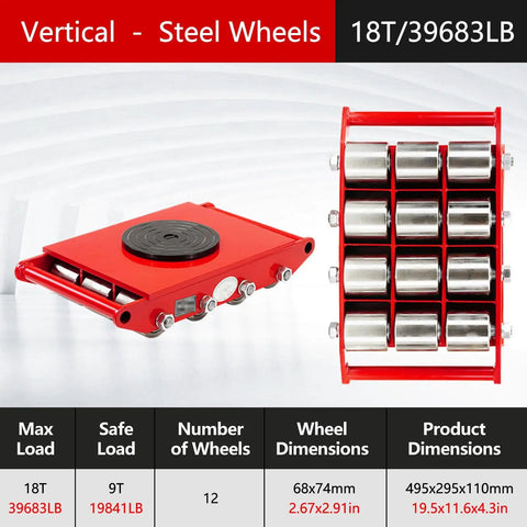 Heavy Duty Machinery Skates Built Tough With Rock Solid Steel Rollers And Smooth Swivel Casters For No Sweat Warehouse Moves, red steel skates, 18 ton capacity, 12 steel wheels.