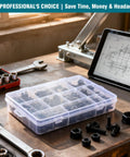 288 Piece Metric Flange Bolt Kit With M6 M8 M10 Bolts, Nuts And Washers In 12mm To 30mm in clear organizer on workbench